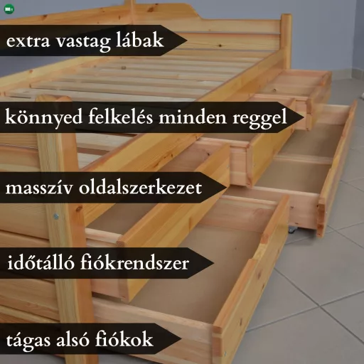 4+1 fiókos fenyő ágykeret 90x200 + ajándék ágyrács