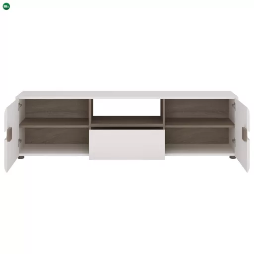 TV komód, fehér - extra magas fényű HG/trufla sonoma tölgy, LYNATET 50