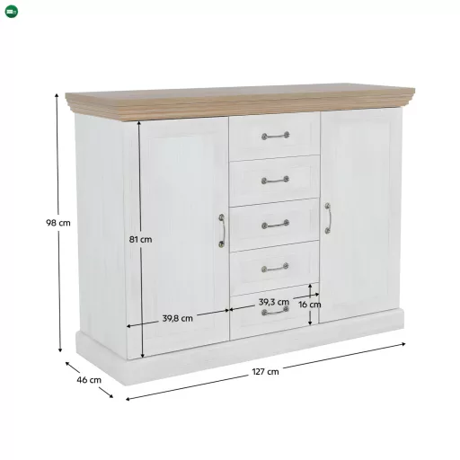 komód, 2-ajtós 5 fiókkal, északi sosna/vadtölgy, ROYAL K2D