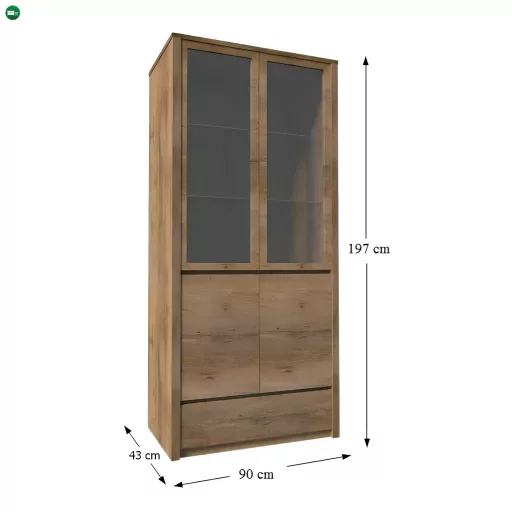 Vitrín szekrény 1- fióko és 2 osztot ajtóval  teljessen  üvegezett, tölgyfa lefkas, MONTANA W2D