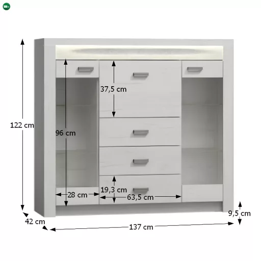 Vitrines komód, kőris fehér, INFINITY 08