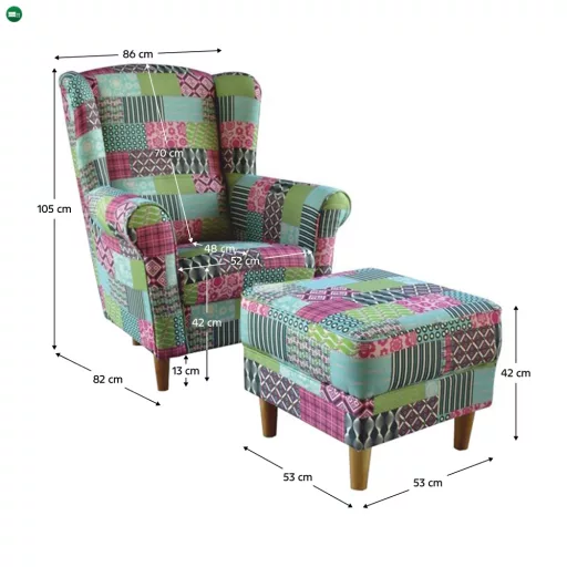 füles fotel puffal, szövet patchwork M1, ASTRID