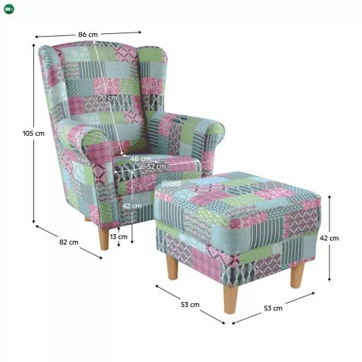 füles fotel puffal, szövet patchwork M1, ASTRID