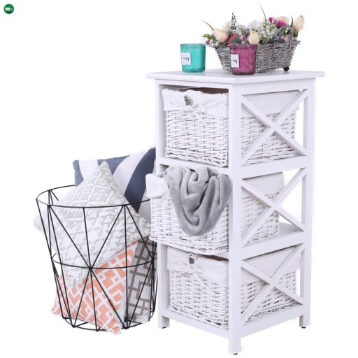 Komód, fa/vesszőfonás/szövet, fehér, RAFAELLO 3