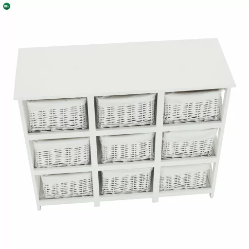Komód, fa/vesszőfonás/szövet, fehér, RAFAELLO 9