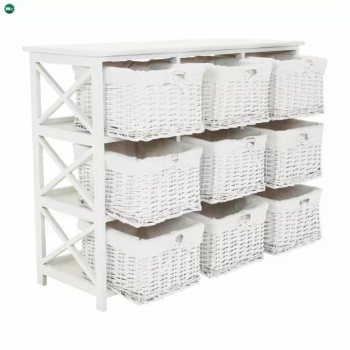 Komód, fa/vesszőfonás/szövet, fehér, RAFAELLO 9