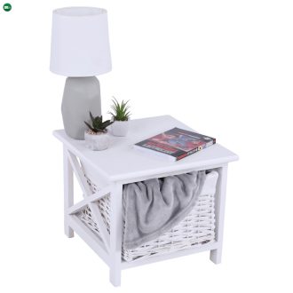 Éjjeliszekrény, fa/vesszőfonás/szövet, fehér, RAFAELLO