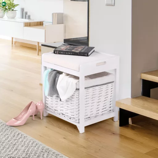 Lóca fonott kosárral és párnával, régi fehér, RUBY1