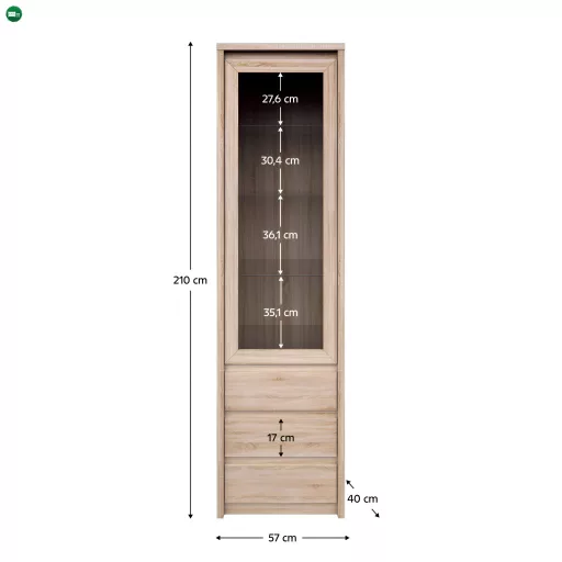 Vitrines szekrény, DTD laminált, tölgy sonoma, NORTY TYP 4