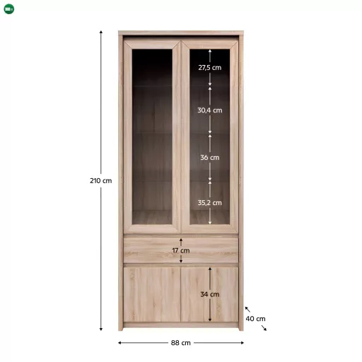 Vitrines szekrény, DTD laminált, tölgy sonoma, NORTY TYP 3