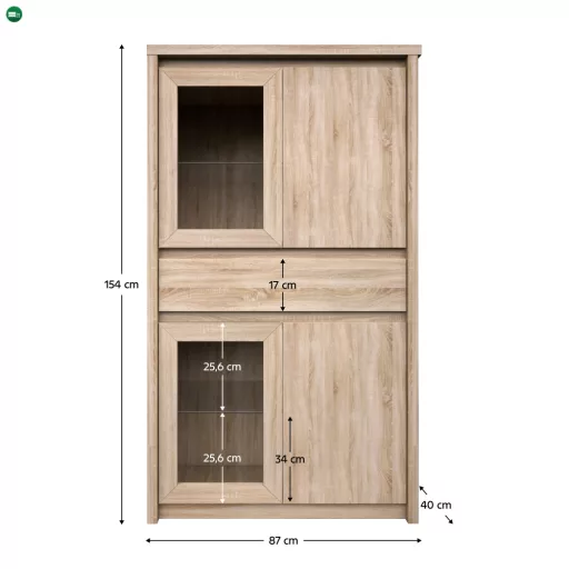 Vitrines szekrény, DTD laminált, tölgy sonoma, NORTY TYP 7