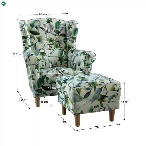 Füles fotel puffal, szövet minta zöld levél, ASTRID