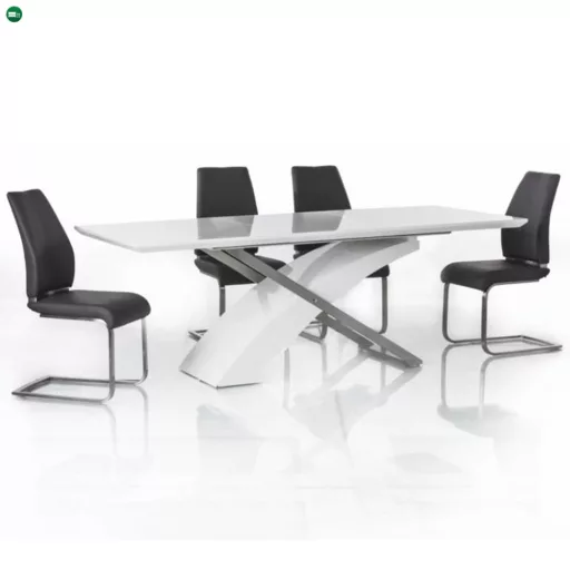 Meghosszabbítható étkezőasztal, fehér extra magasfényű HG/fém, 160-220x90 cm, KROS