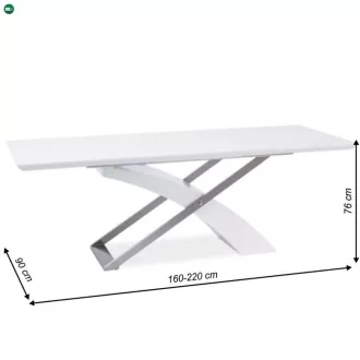   Meghosszabbítható étkezőasztal, fehér extra magasfényű HG/fém, 160-220x90 cm, KROS