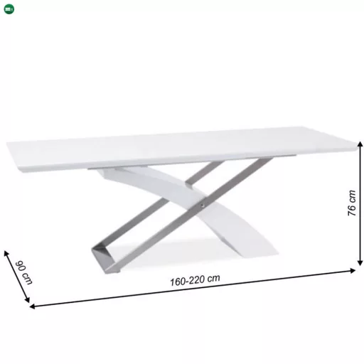 Meghosszabbítható étkezőasztal, fehér extra magasfényű HG/fém, 160-220x90 cm, KROS