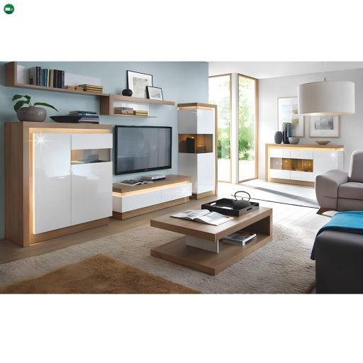 Komód LYOK02,  riviera tölgyfa/fehér extra magasfényű, LEONARDO