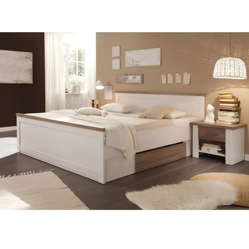 Ágykeret + 2db éjjeliszekrény, DTD fóliázott, sonoma tölgy trüffel/mandulafenyő fehér, LUMERA