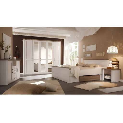 Ágykeret + 2db éjjeliszekrény, DTD fóliázott, sonoma tölgy trüffel/mandulafenyő fehér, LUMERA