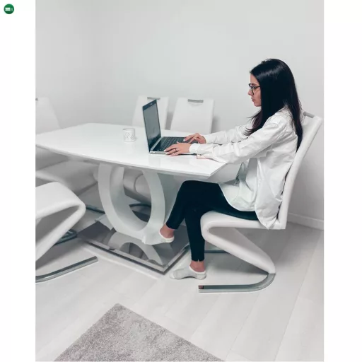 Étkezőasztal, fehér magas fény/acél, 150x80 cm, ZARNI