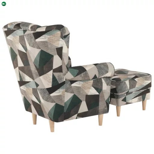 Füles fotel puffal, szövet barna-zöld minta, ASTRID