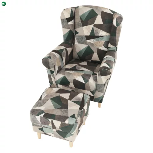 Füles fotel puffal, szövet barna-zöld minta, ASTRID
