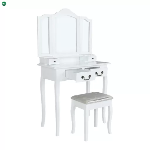 Fésülködőasztal zsámollyal, fehér/ezüst, REGINA NEW