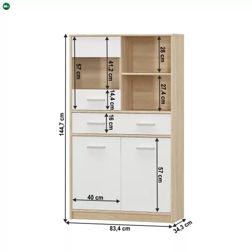 Vitrines szekrény 2D1W1S/80, fehér/tölgy sonoma, TEYO