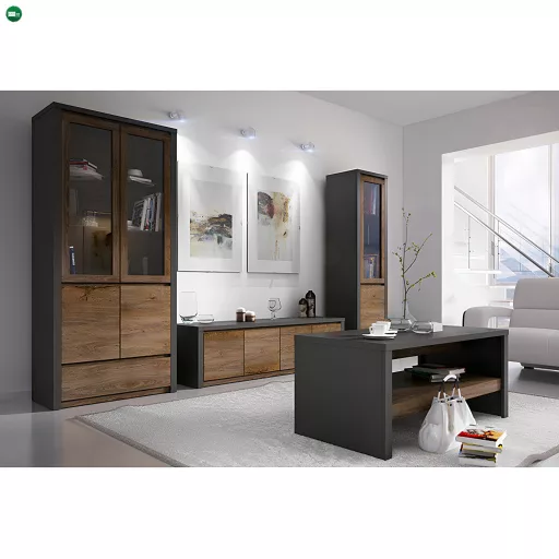 Vitrines szekrény, tölgy lefkas sötét/smooth szürke, MONTANA W1D