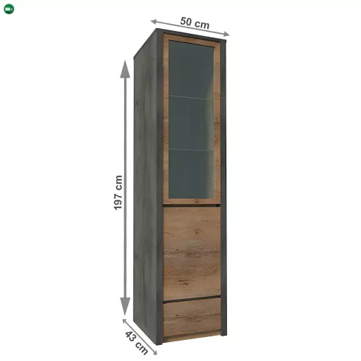 Vitrines szekrény, tölgy lefkas sötét/smooth szürke, MONTANA W1D