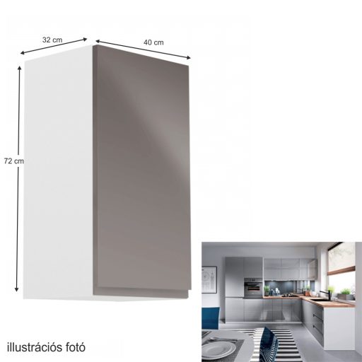 Felsőszekrény, fehér/szürke extra magasfényű, jobbos, AURORA G40