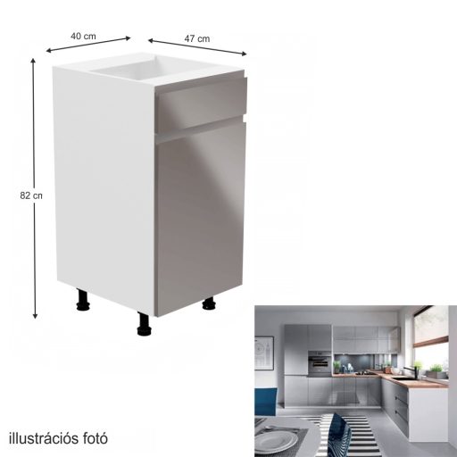 Alsószekrény, fehér/szürke extra magasfényű, jobbos, AURORA D40S1