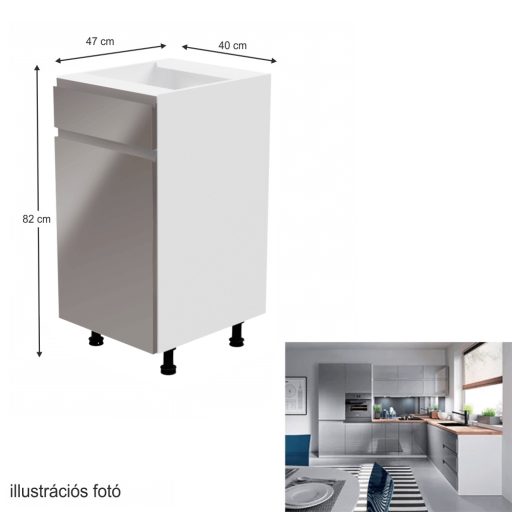 Alsószekrény, fehér/szürke extra magasfényű, balos, AURORA D40S1
