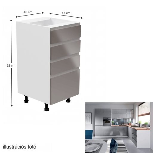 Alsószekrény, fehér/szürke extra magasfényű, AURORA D40S4
