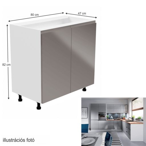 Alsószekrény, fehér/szürke extra magasfényű, AURORA D80