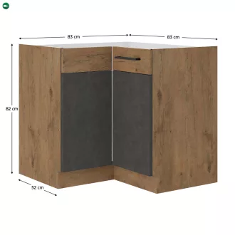   Alsó sarokszekrény, szürke matt/tölgy lancelot, VEGA 90x90 DN 1F BB