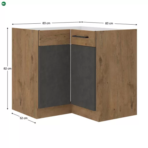 Alsó sarokszekrény, szürke matt/tölgy lancelot, VEGA 90x90 DN 1F BB