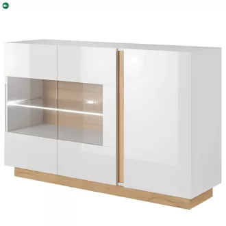   Komód üveggel, fehér/tölgy grandson/magasfényű fehér, CITY