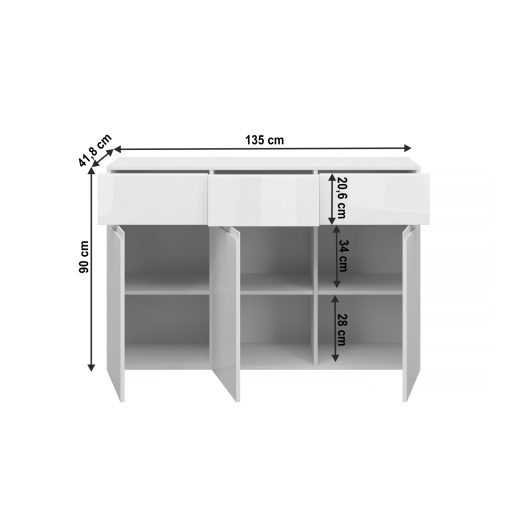 Komód 3D3S, fehér/fehér extra magas fényű HG, JOLK