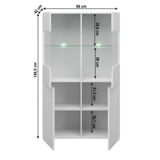 Vitrín 2D2W, fehér/fehér extra magasfényű HG, JOLK