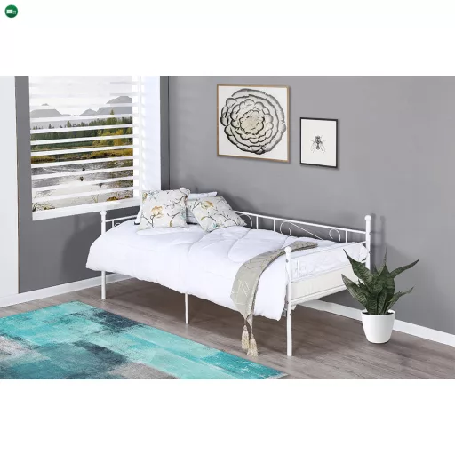 Fém kanapé - egyszemélyes ágy, fehér, 90x200, ROZALI