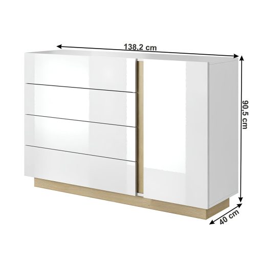 Komód D4S, fehér/grandson tölgy/fehér magas fényű, CITY