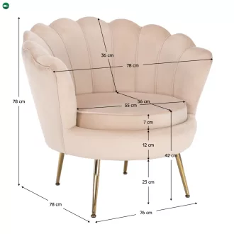   Fotel Art-deco stílusban, bézs Velvet anyag/gold chróm-arany, NOBLIN