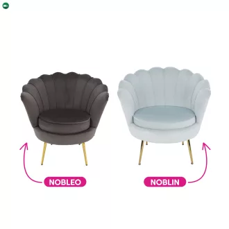   Fotel Art-deco stílusban, szürke-kék Velvet anyag/gold chróm-arany, NOBLIN