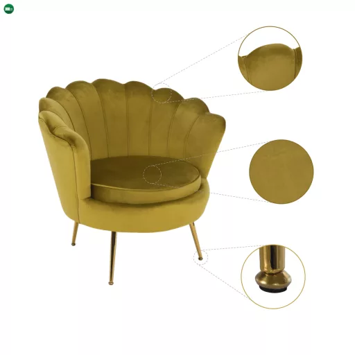Fotel Art-deco stílusban, mustár színű Velvet anyag/gold chróm-arany, NOBLIN