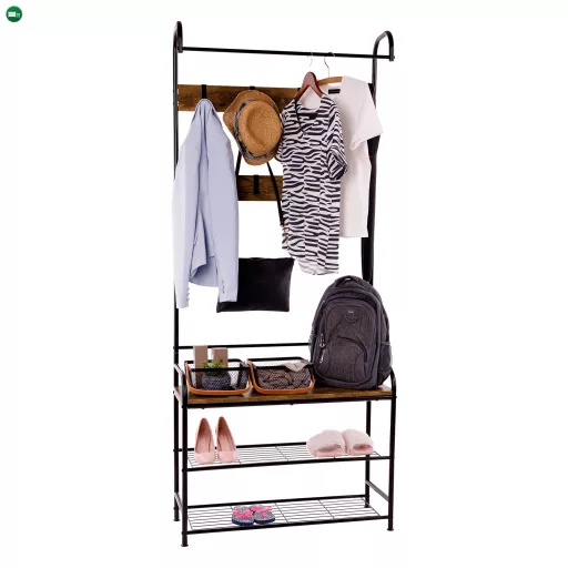 Akasztó cipőtárolóval, fekete fém/MDF rusztikus fa, KELAM