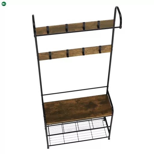 Akasztó cipőtárolóval, fekete fém/MDF rusztikus fa, KELAM