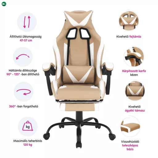 Irodai/gamer fotel, fekete/fehér/bézs, OZGE 2 NEW