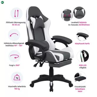  Irodai/gamer szék RGB LED világítással, fekete/fehér, JOVELA