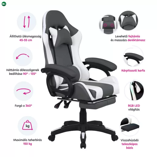 Irodai/gamer szék RGB LED világítással, fekete/fehér, JOVELA
