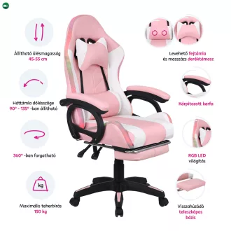   Irodai/gamer szék RGB LED világítással, rózsaszín/fehér, JOVELA